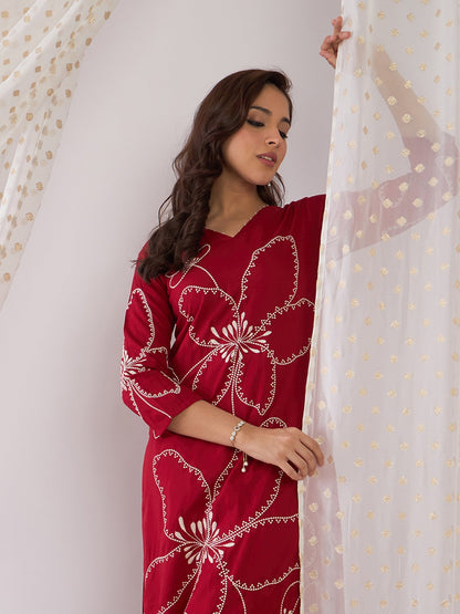 Maroon Embroidered Straight Kurta Palazzos  Set