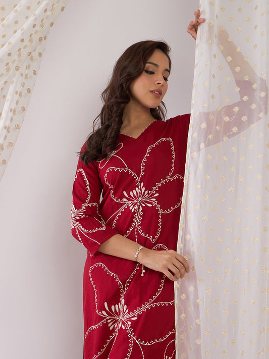 Maroon Embroidered Straight Kurta Palazzos  Set
