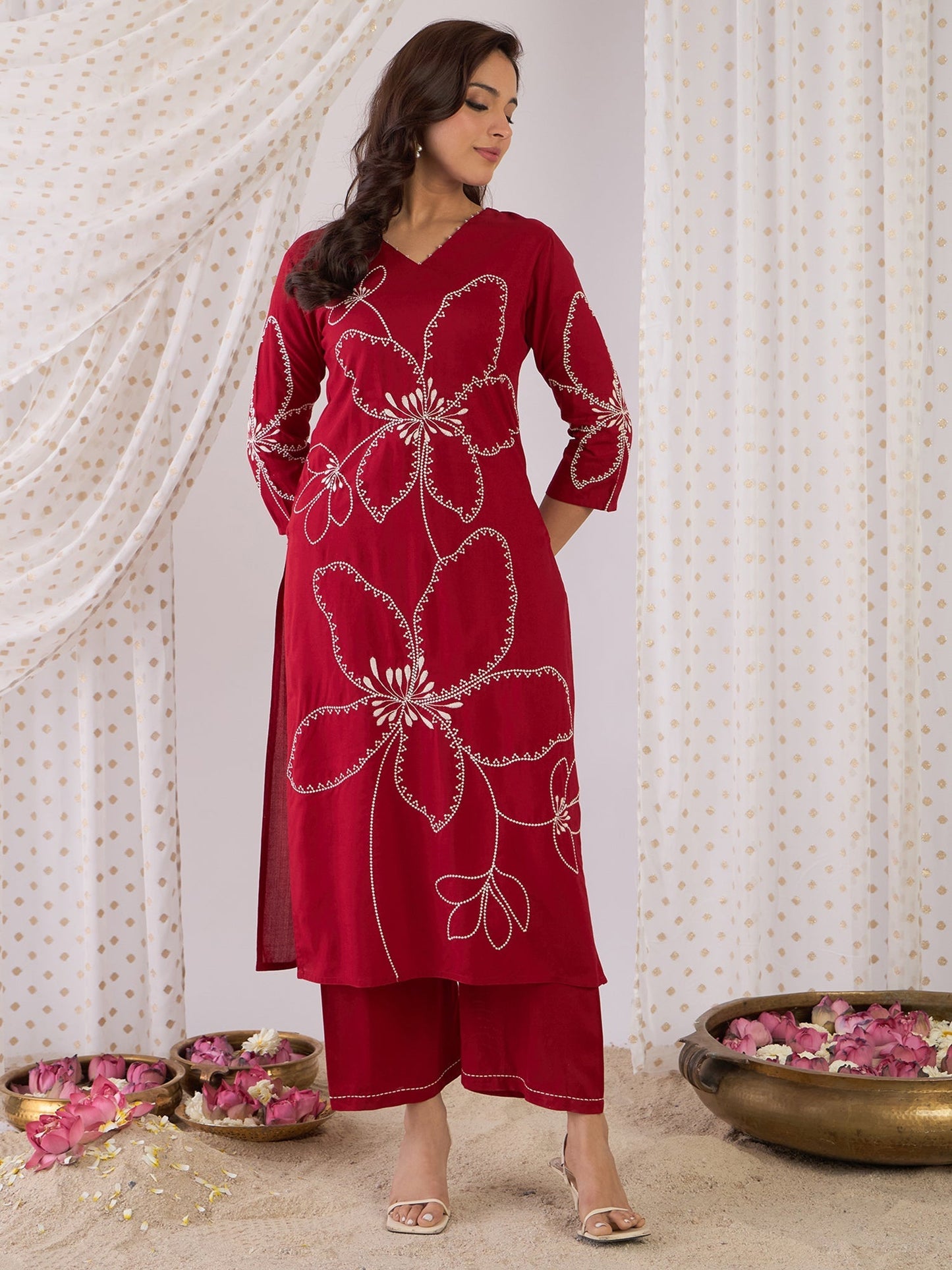 Maroon Embroidered Straight Kurta Palazzos  Set