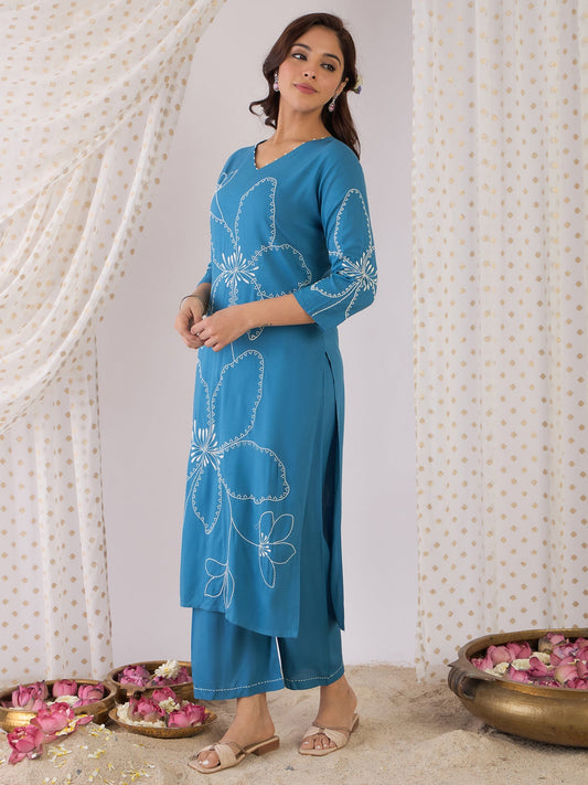 Blue Embroidered Straight Kurta Palazzos Set