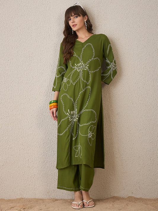 Green Embroidered Straight Kurta Palazzos Set