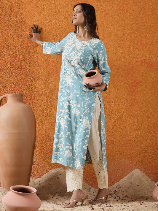 Blue Embroidered Straight Kurtas