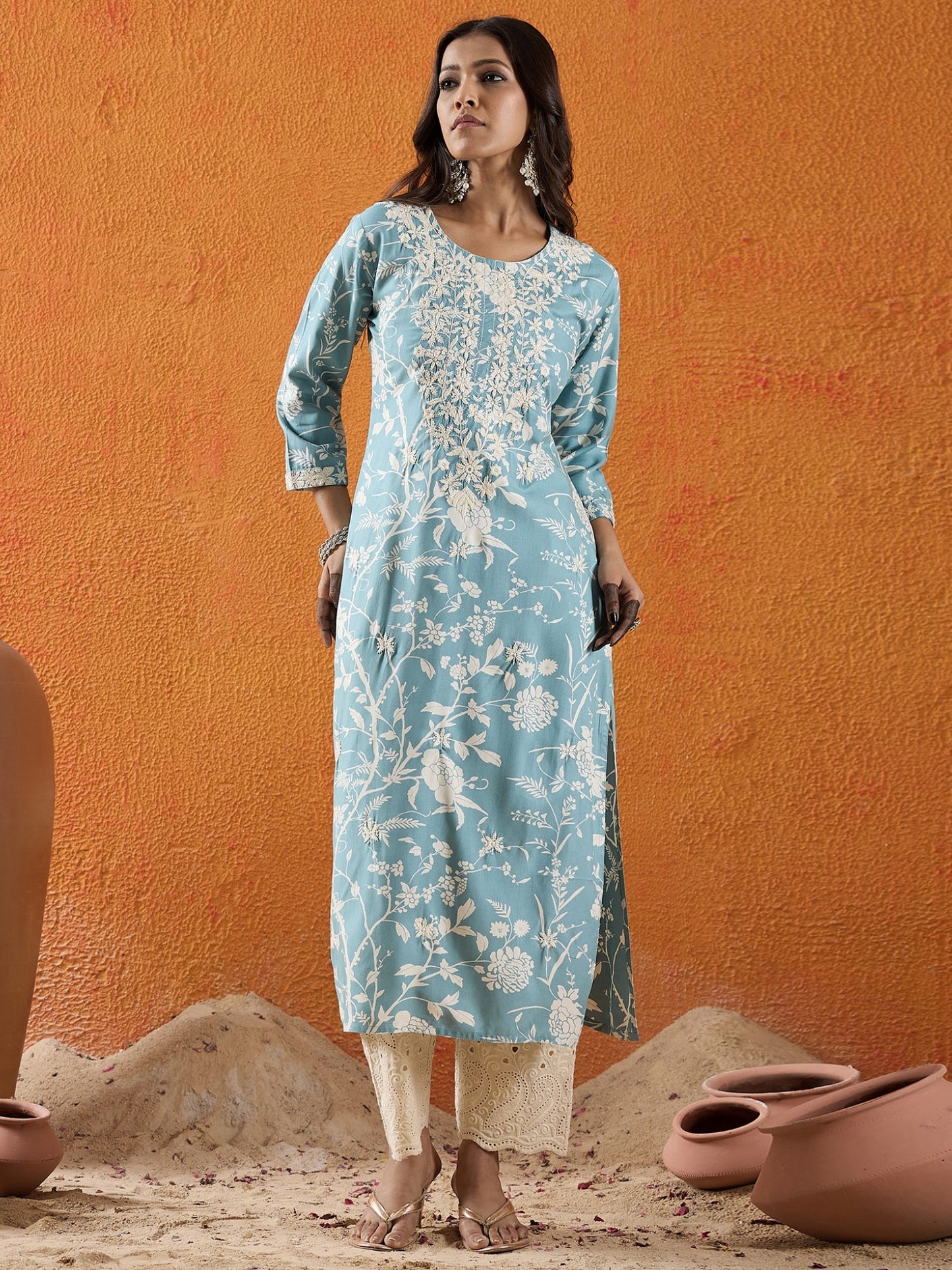 Blue Embroidered Straight Kurtas