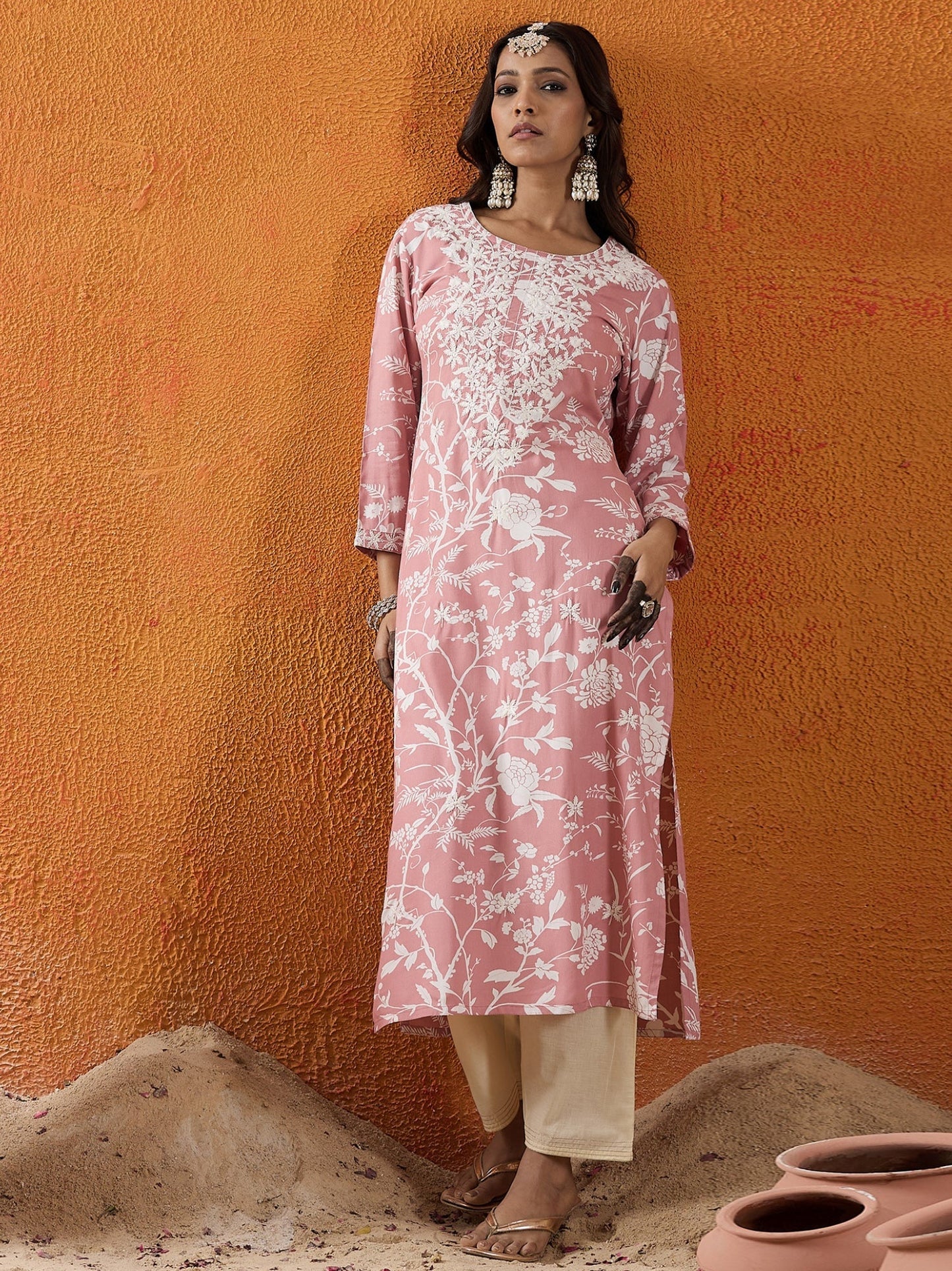 Mauve Embroidered Straight Kurtas