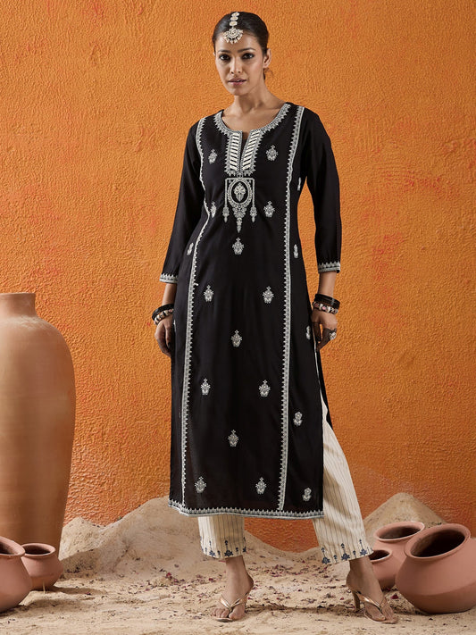 Black Embroidered Straight Kurtas