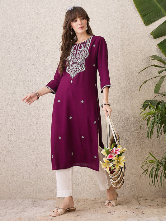 Burgundy Embroidered Straight Kurtas