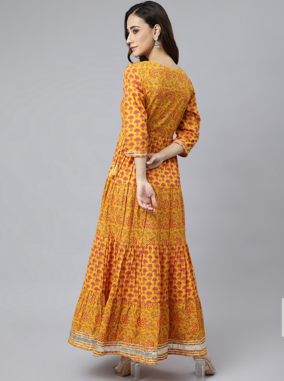 Women's Mustard Cotton Floral Print Flared Kurta