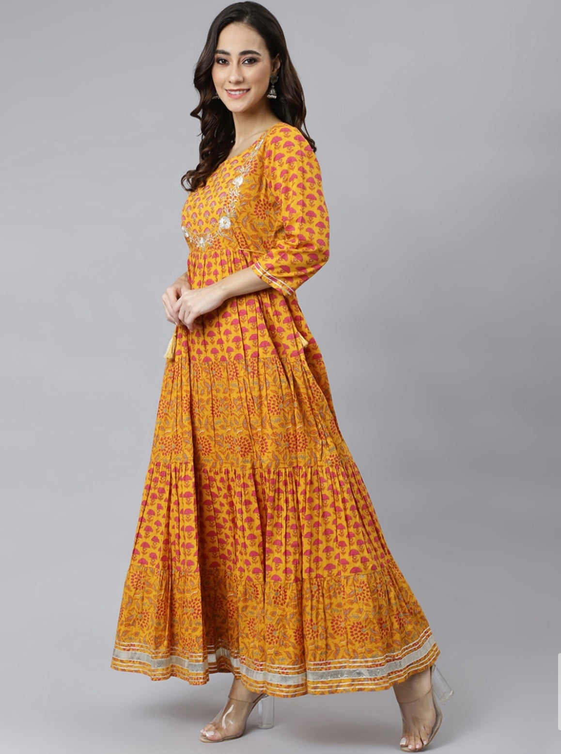 Women's Mustard Cotton Floral Print Flared Kurta