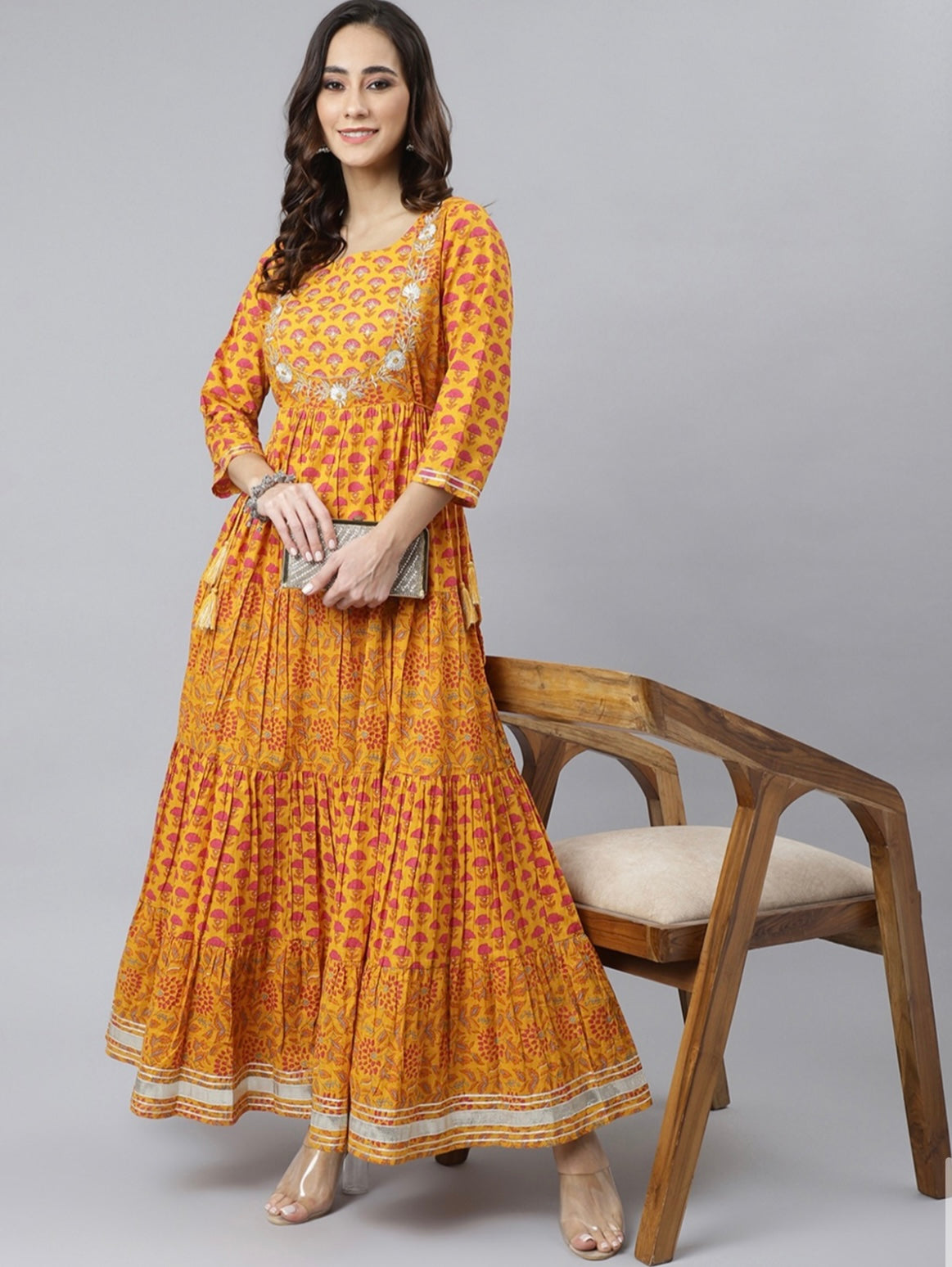Women's Mustard Cotton Floral Print Flared Kurta