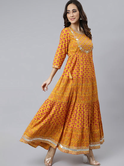 Women's Mustard Cotton Floral Print Flared Kurta