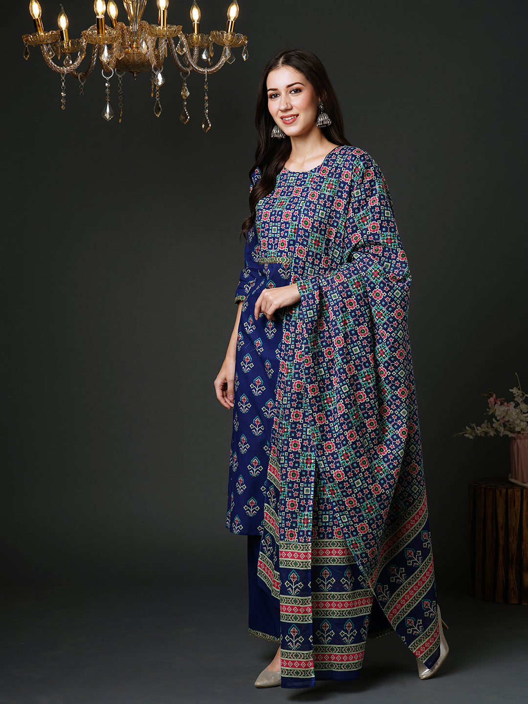 Indo Era Blue Ethnic Motifs Printed Gotta Patti Pure Cotton Kurta with Palazzos & Dupatta