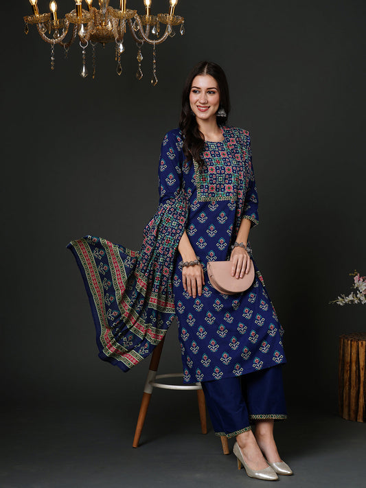 Indo Era Blue Ethnic Motifs Printed Gotta Patti Pure Cotton Kurta with Palazzos & Dupatta