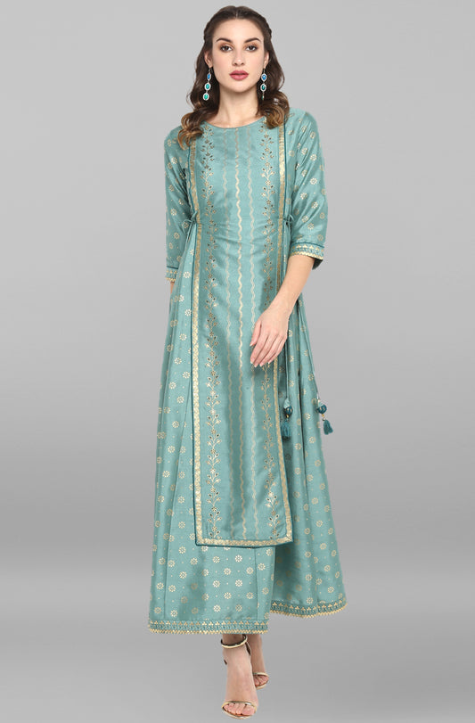 Green Rayon Crepe Foil Print Flared Ethnic Dress