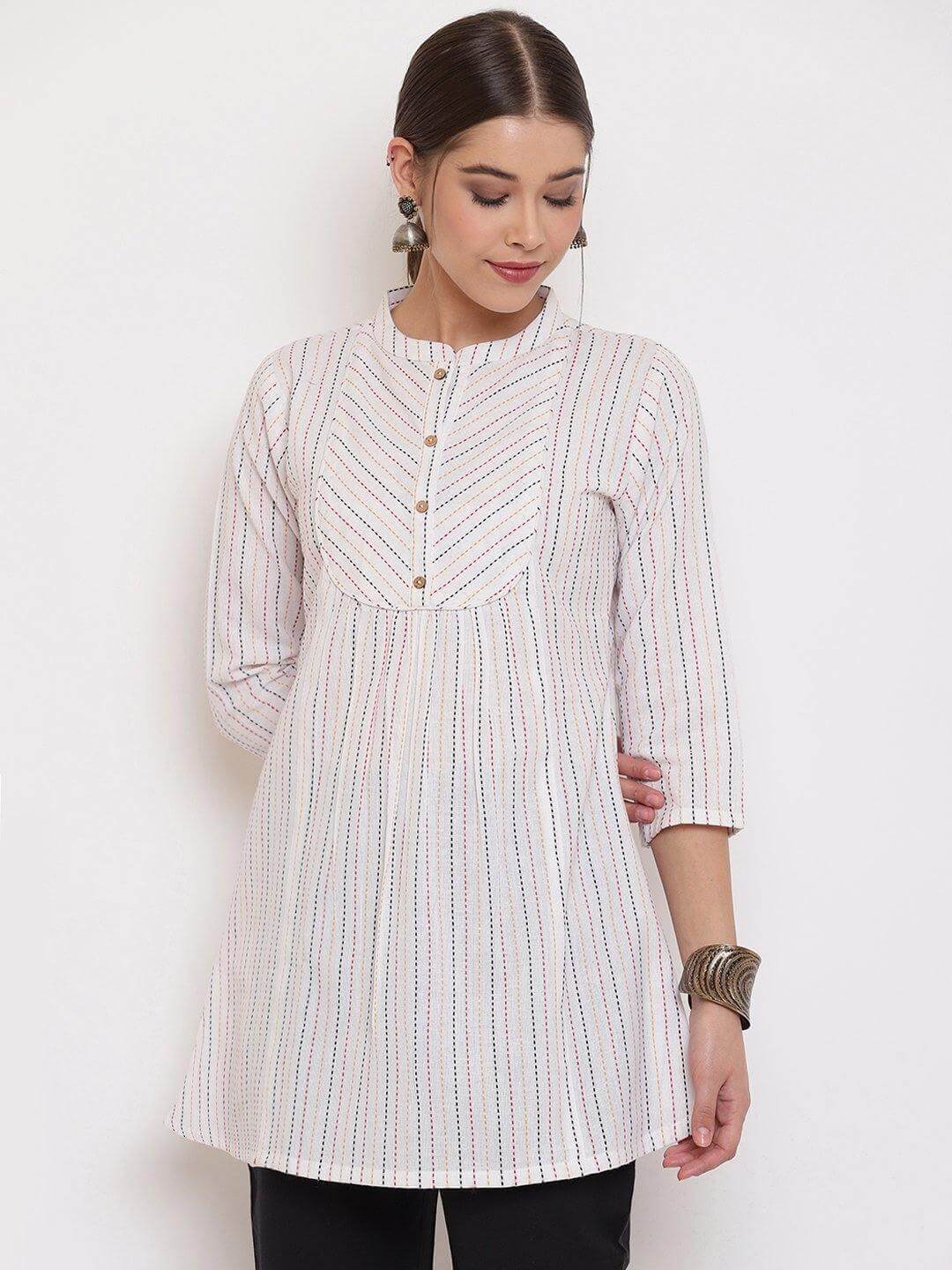 Silae White Cotton Woven Design A-Line Top