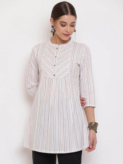 Silae White Cotton Woven Design A-Line Top