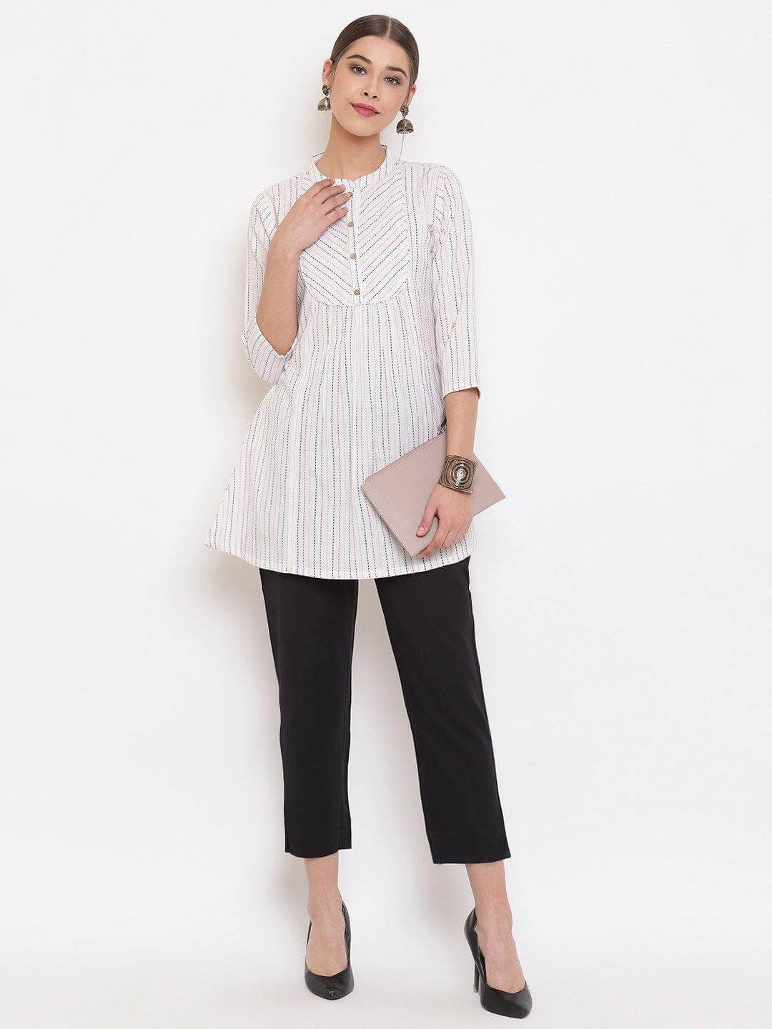 Silae White Cotton Woven Design A-Line Top