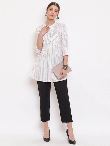 Silae White Cotton Woven Design A-Line Top