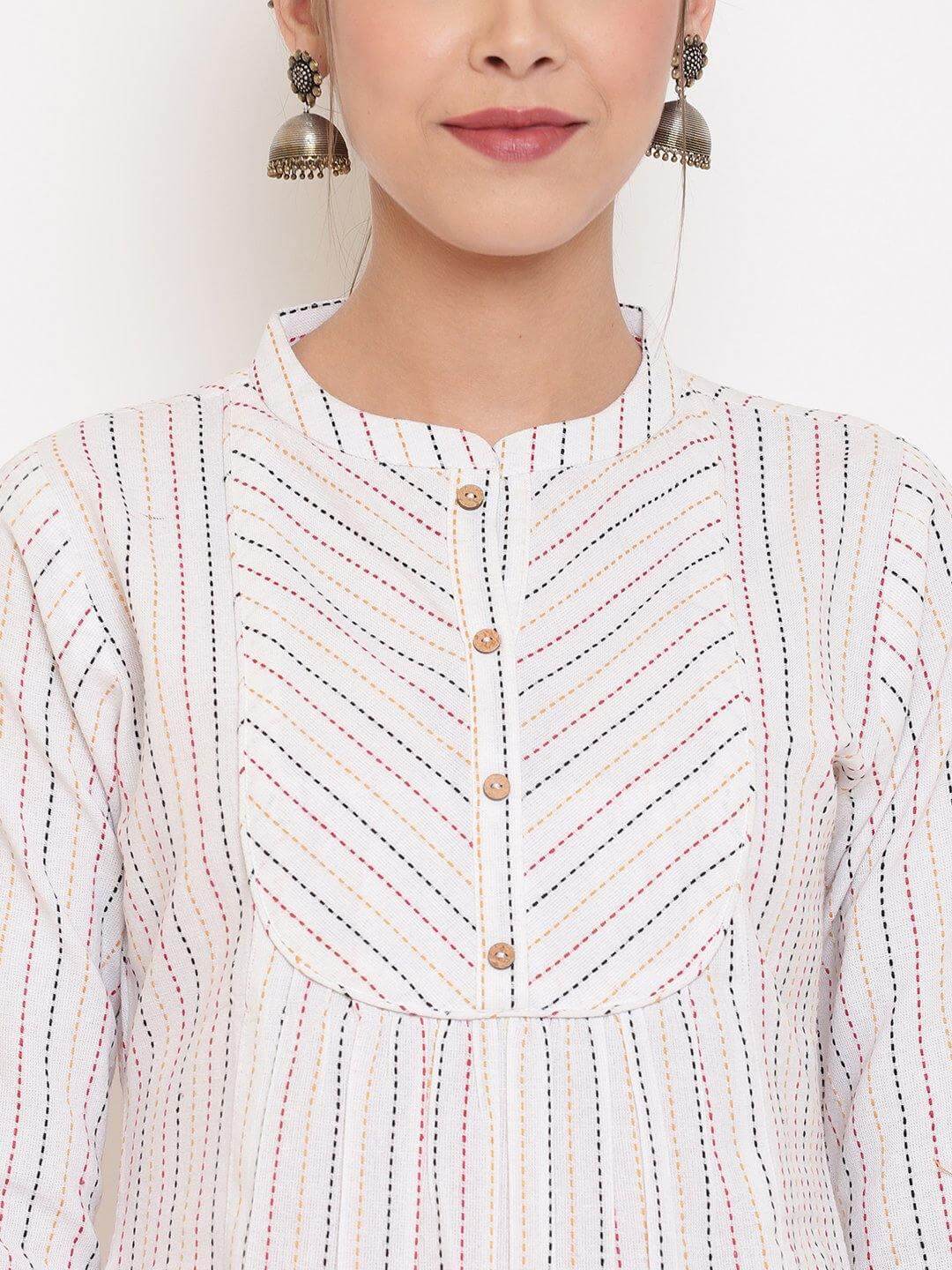 Silae White Cotton Woven Design A-Line Top