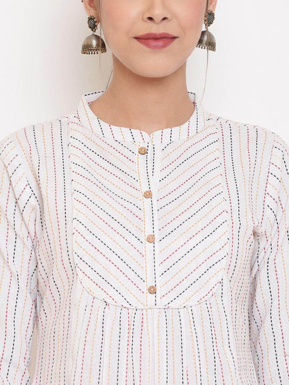 Silae White Cotton Woven Design A-Line Top