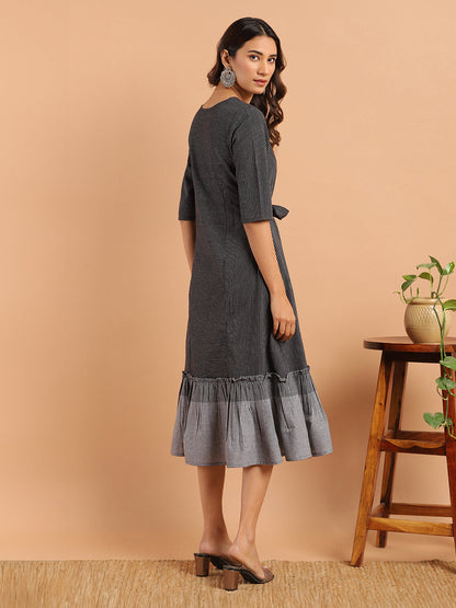 Black Cotton Striped Flared Western Dress