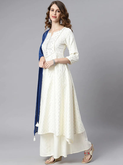 Off- White Poly Silk Ethnic Motifs Kurta With Palazzo And Dupatta
