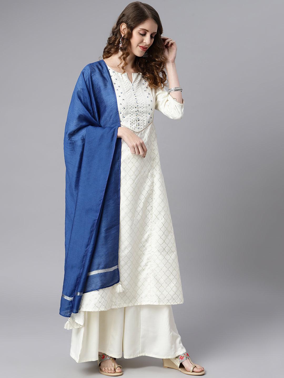 Off- White Poly Silk Ethnic Motifs Kurta With Palazzo And Dupatta