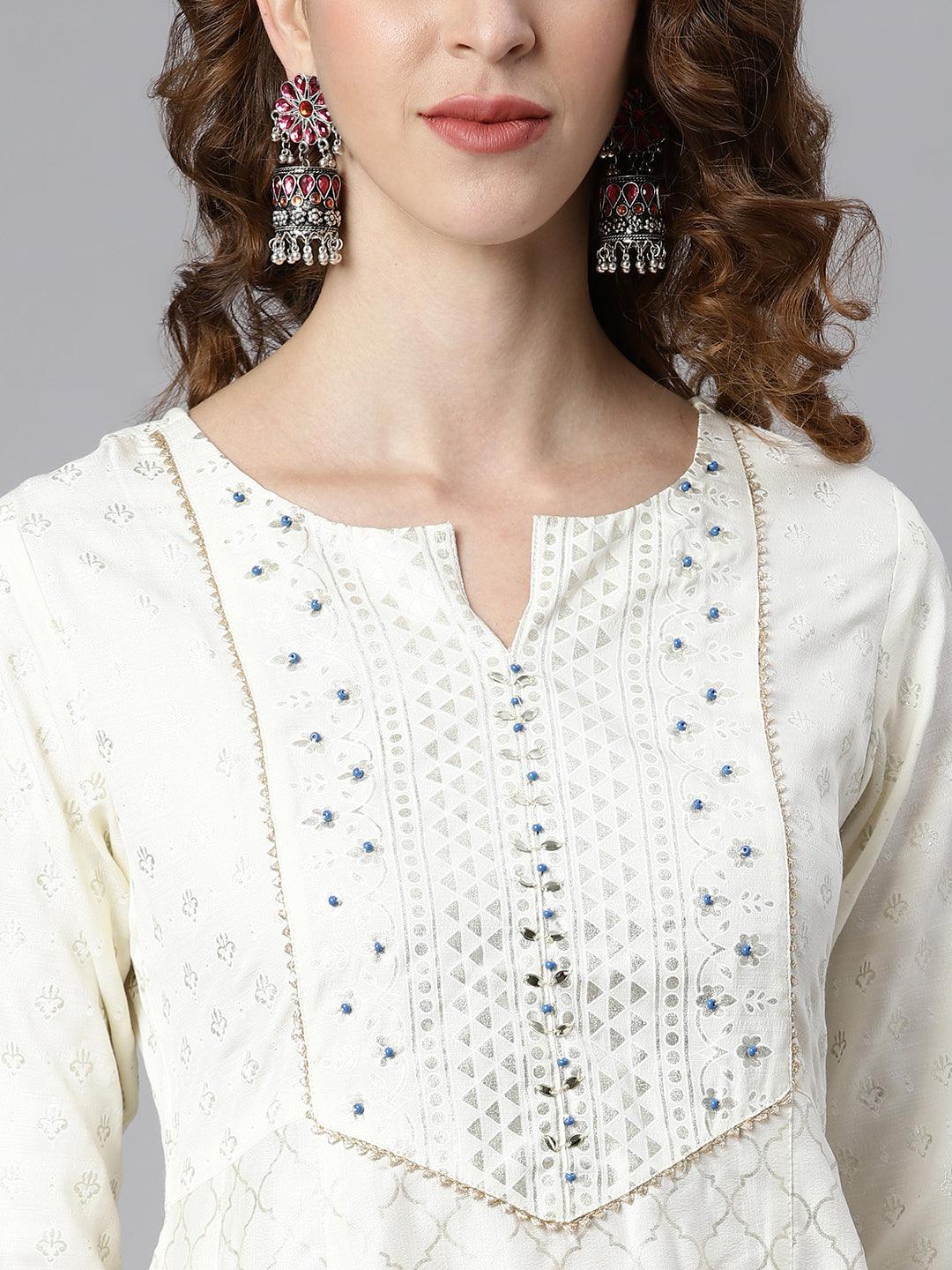 Off- White Poly Silk Ethnic Motifs Kurta With Palazzo And Dupatta