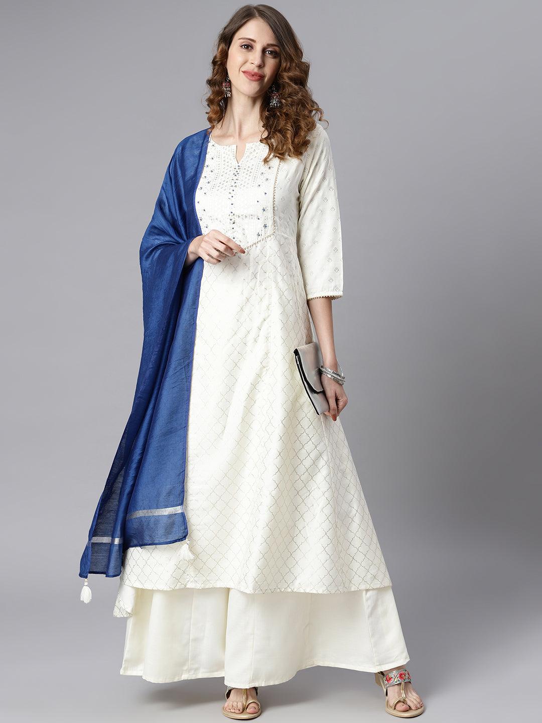 Off- White Poly Silk Ethnic Motifs Kurta With Palazzo And Dupatta