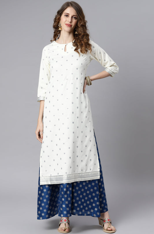 Off White Poly Silk Ethnic Motifs Flared Ethnic Dress Silae