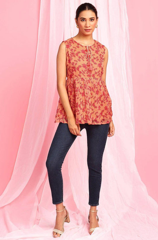 Orange Poly Georgette Floral Print Regular Top Silae