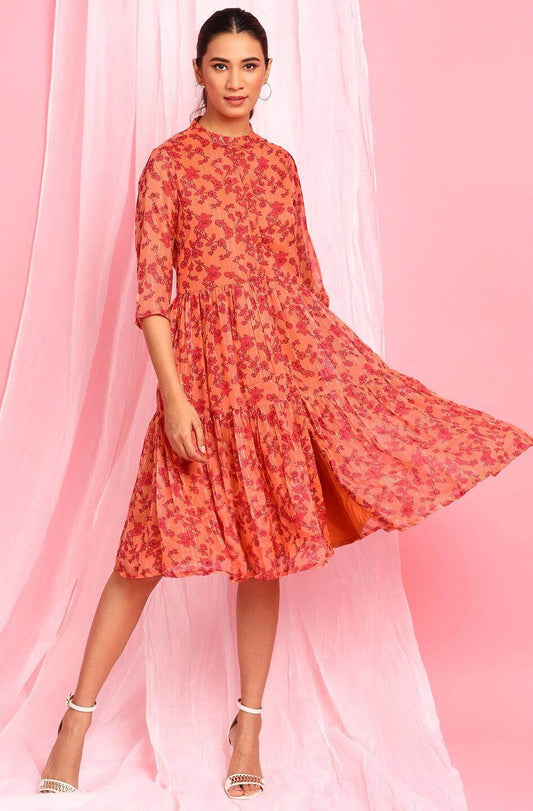 Orange Poly Georgette Floral Flared Western Dress Silae