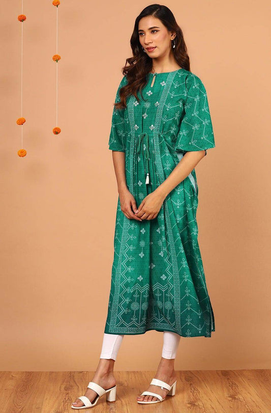 Green Poly Georgette Bandhni Print Kaftan Kurta Silae