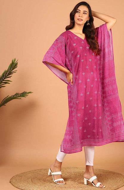 Pink Poly Georgette Bandhni Print Kaftan Kurta