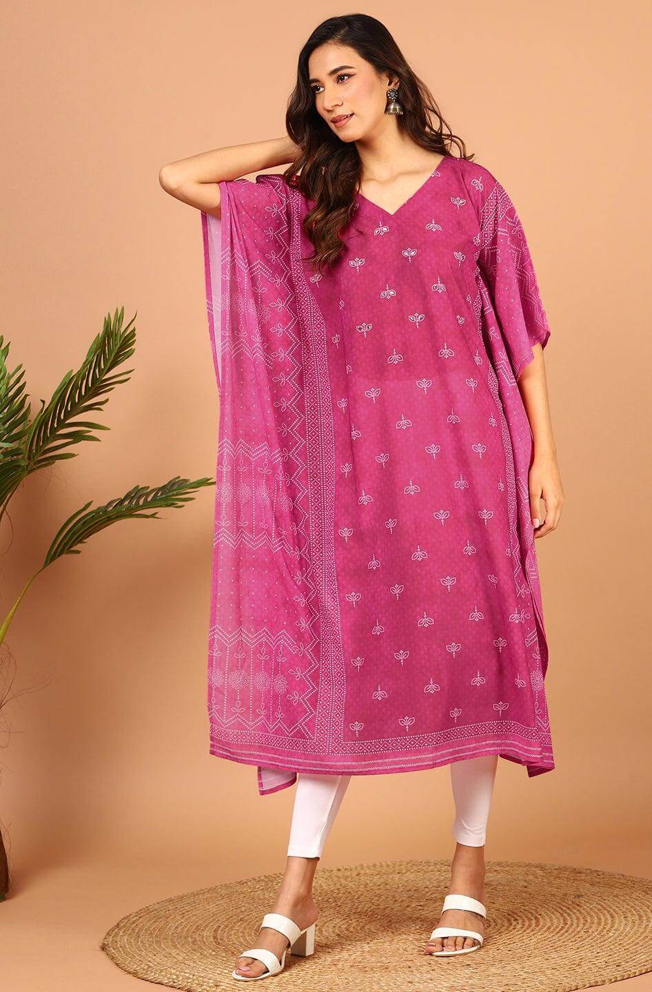 Pink Poly Georgette Bandhni Print Kaftan Kurta