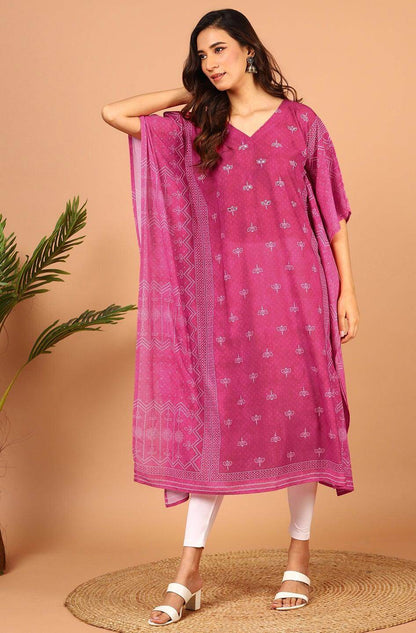 Pink Poly Georgette Bandhni Print Kaftan Kurta