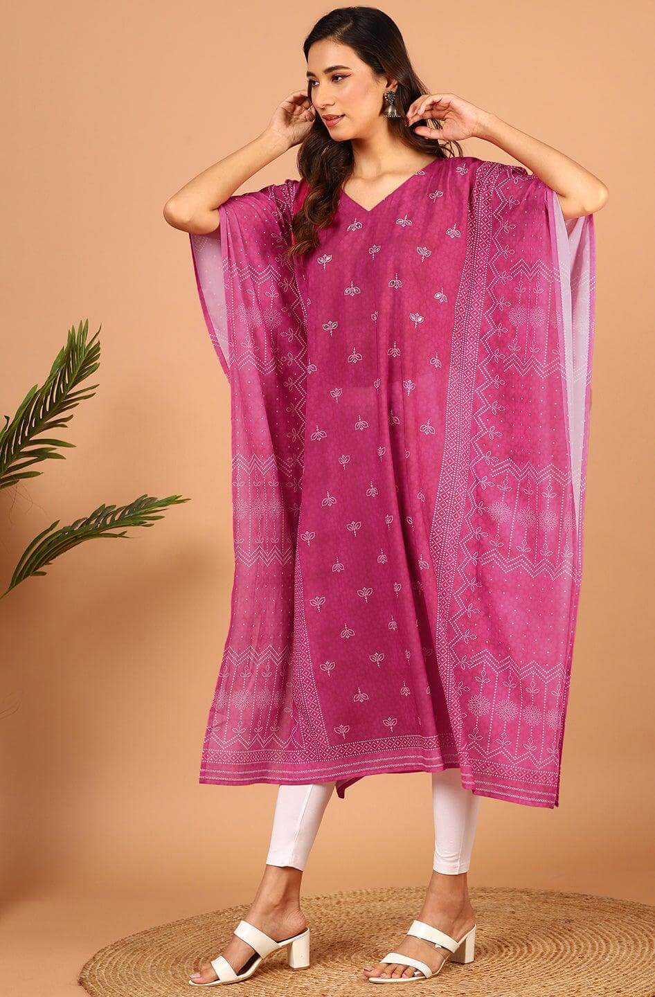 Pink Poly Georgette Bandhni Print Kaftan Kurta