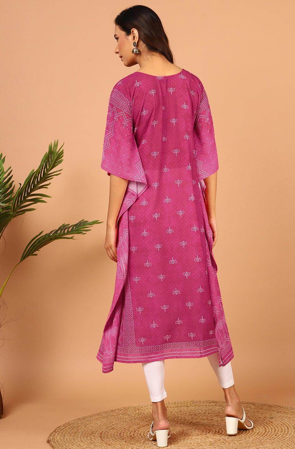Pink Poly Georgette Bandhni Print Kaftan Kurta