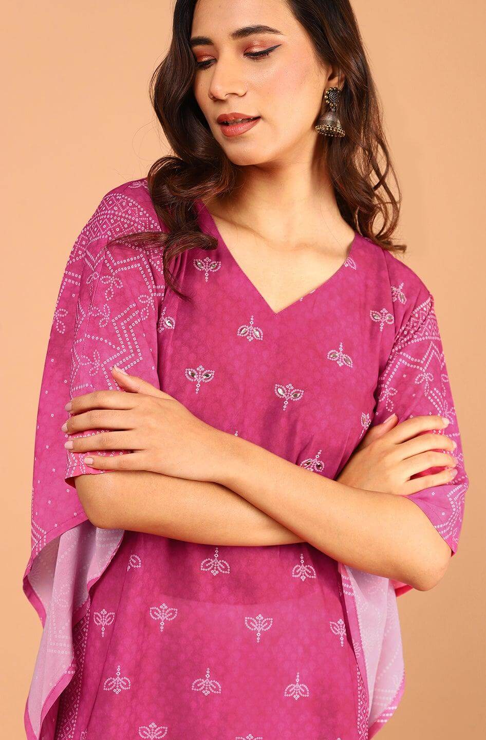 Pink Poly Georgette Bandhni Print Kaftan Kurta