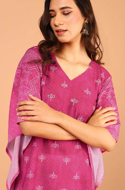 Pink Poly Georgette Bandhni Print Kaftan Kurta