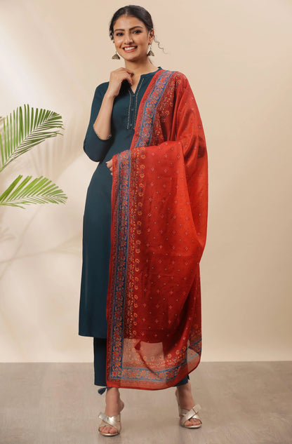 Silae Teal Rayon Solid Kurta With Pant And Dupatta