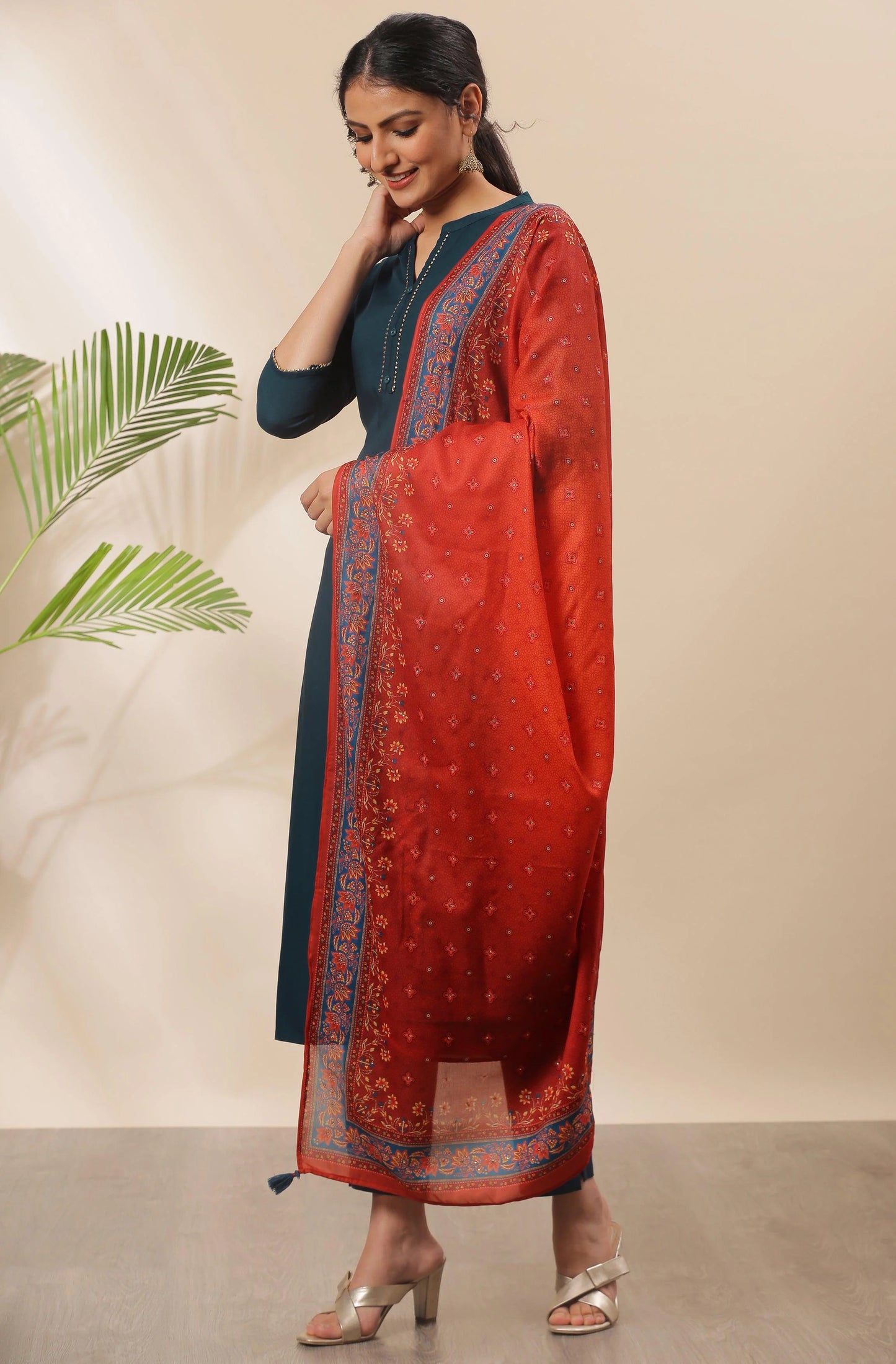 Silae Teal Rayon Solid Kurta With Pant And Dupatta