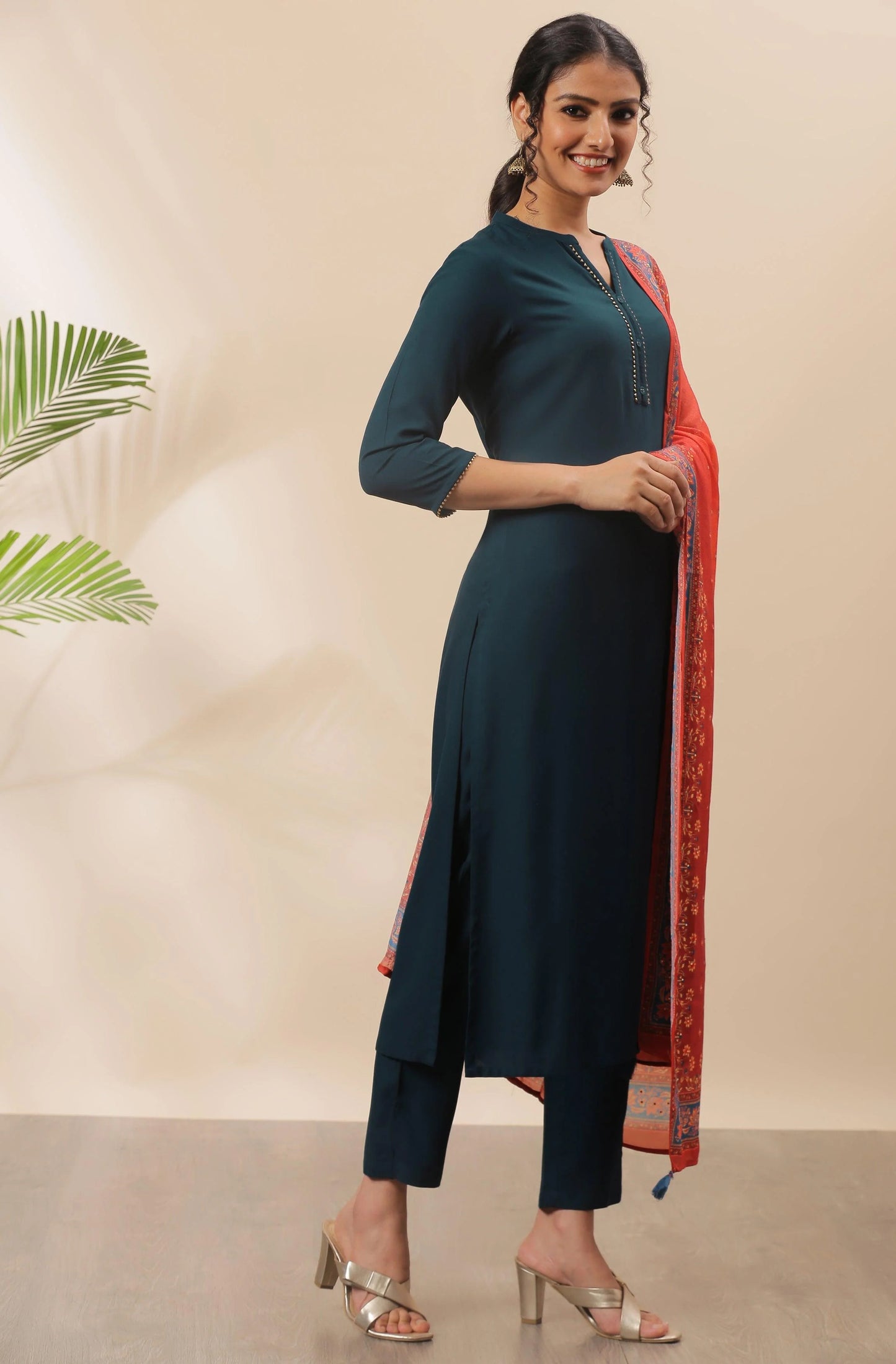 Silae Teal Rayon Solid Kurta With Pant And Dupatta