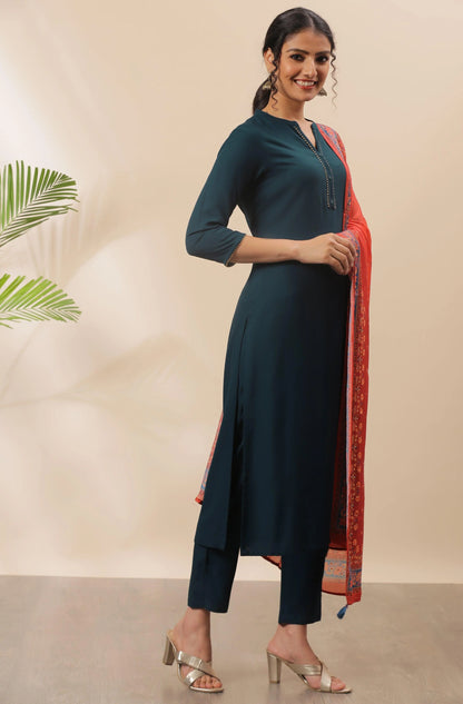 Silae Teal Rayon Solid Kurta With Pant And Dupatta