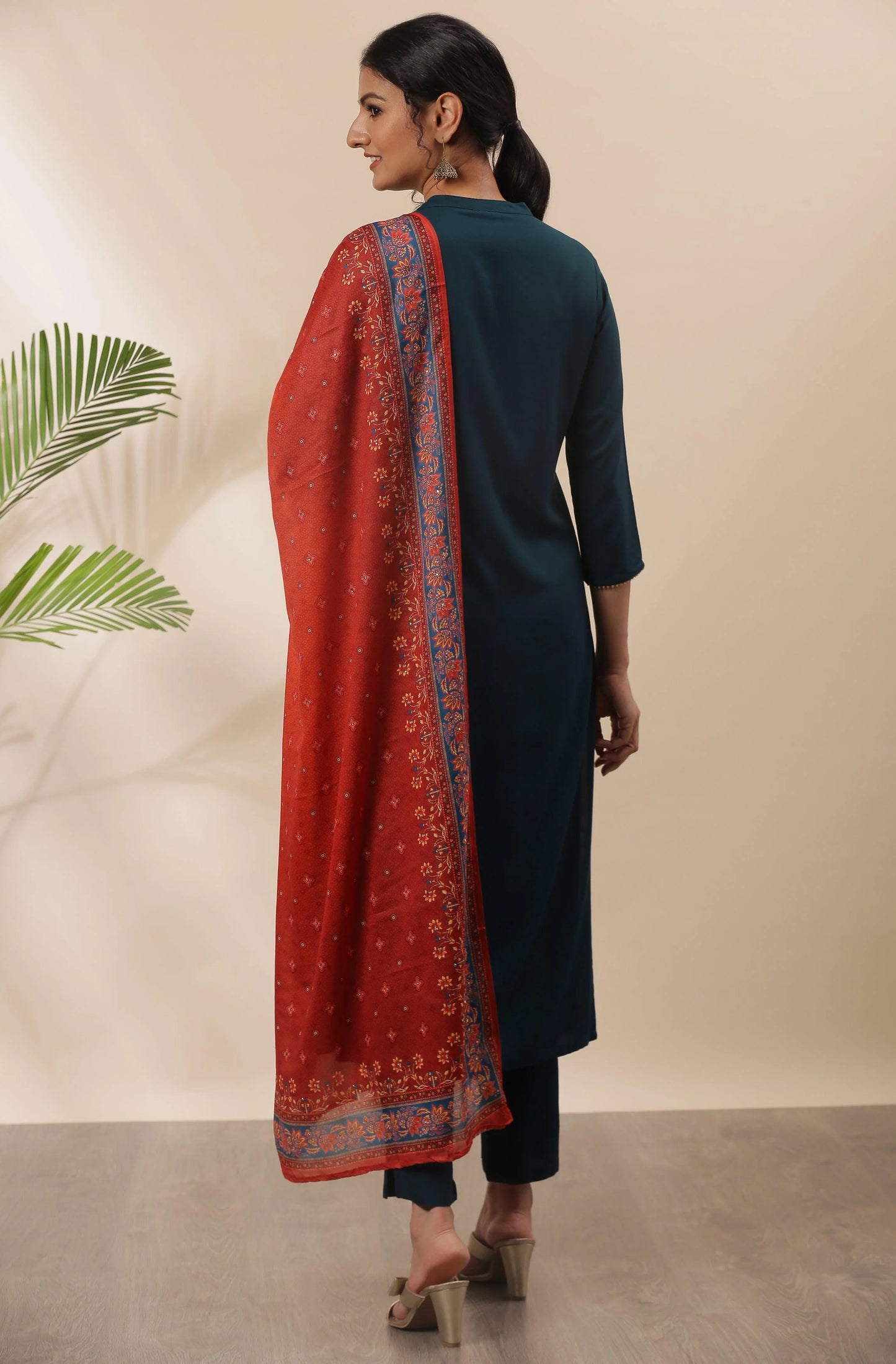 Silae Teal Rayon Solid Kurta With Pant And Dupatta