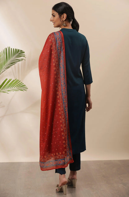Silae Teal Rayon Solid Kurta With Pant And Dupatta