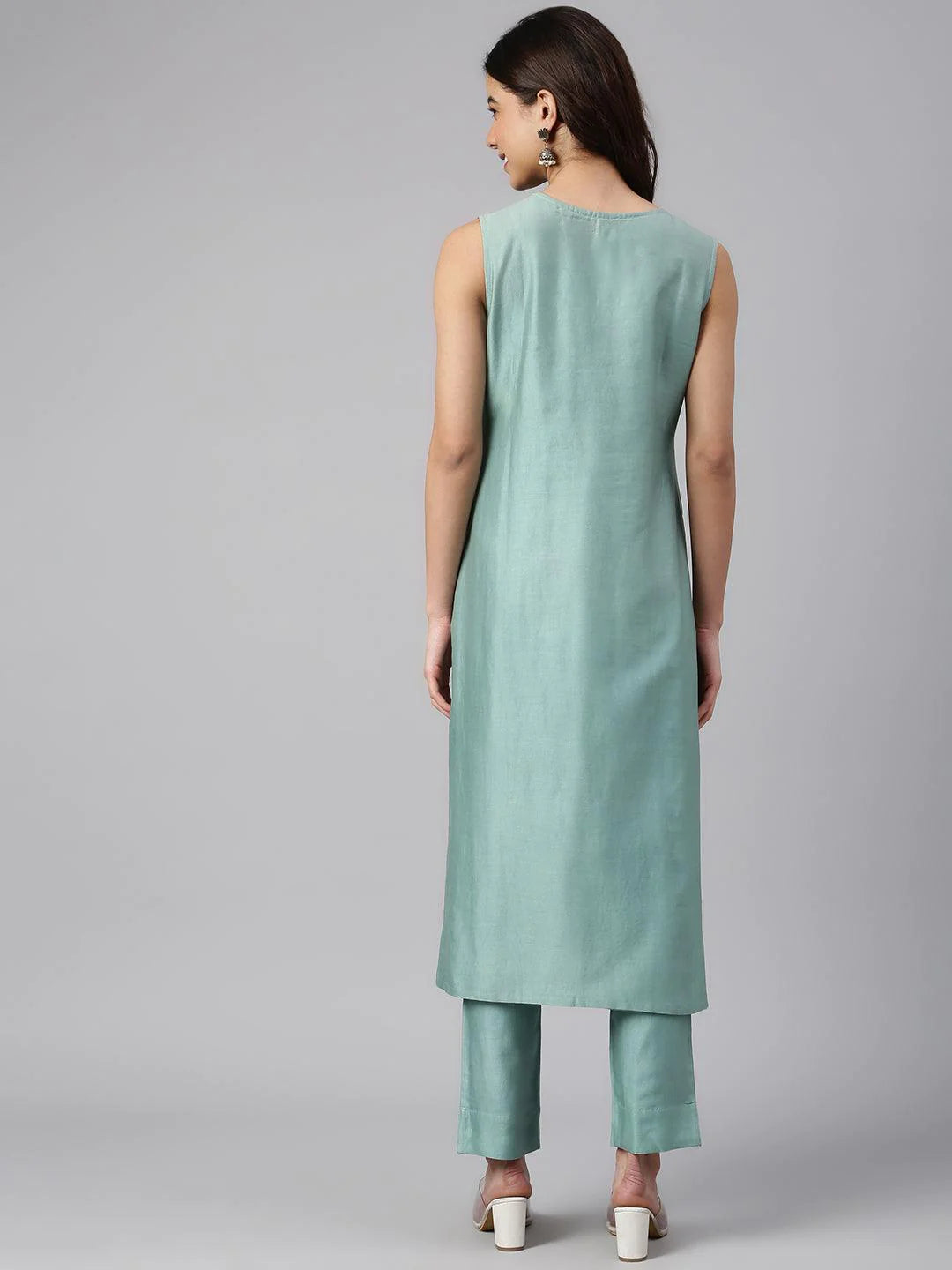 Sea Green Chanderi Silk Solid Kurta With Pant