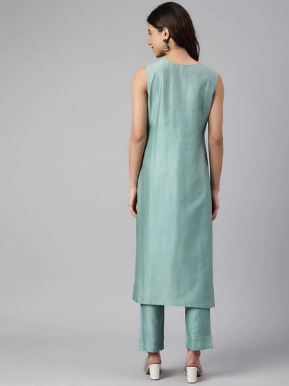 Sea Green Chanderi Silk Solid Kurta With Pant