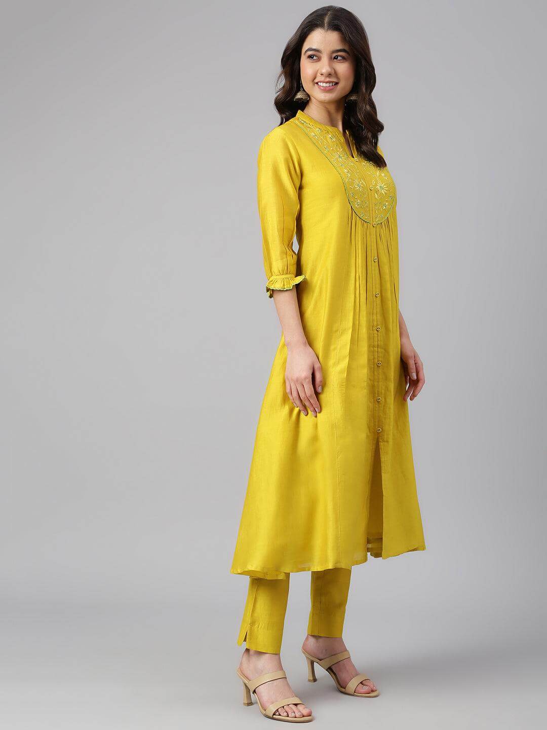 Yellow Crepe Silk Solid Kurta With Pant