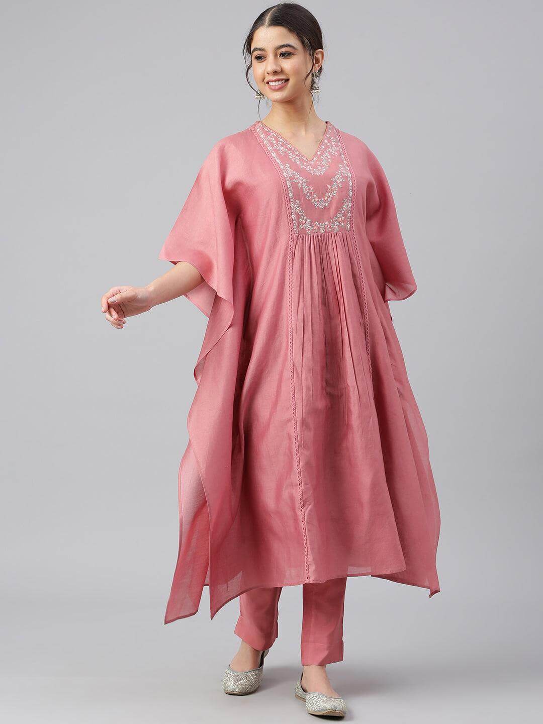 Rose Red Polyester Solid Kurta With Pant