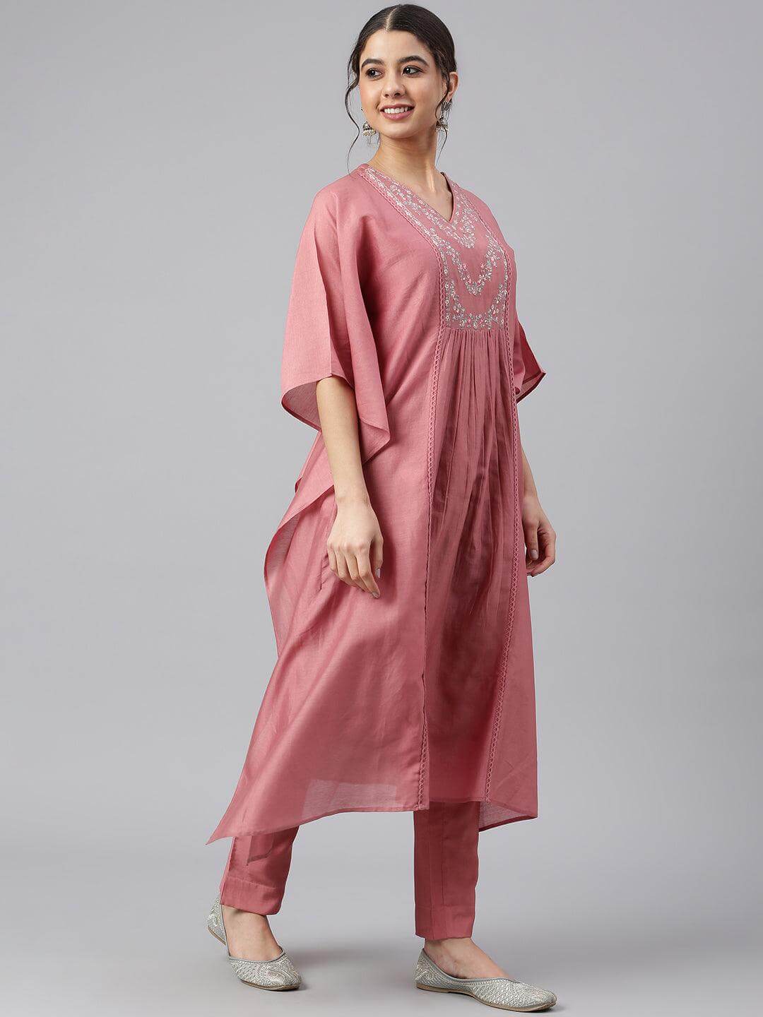 Rose Red Polyester Solid Kurta With Pant